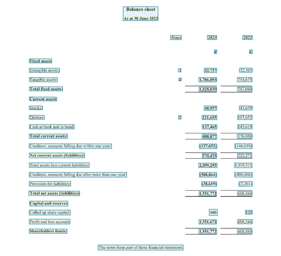 In einer Beispieltabelle („Balance sheet“) sind Begriffe und Zahlen durch Bounding Boxes markiert.