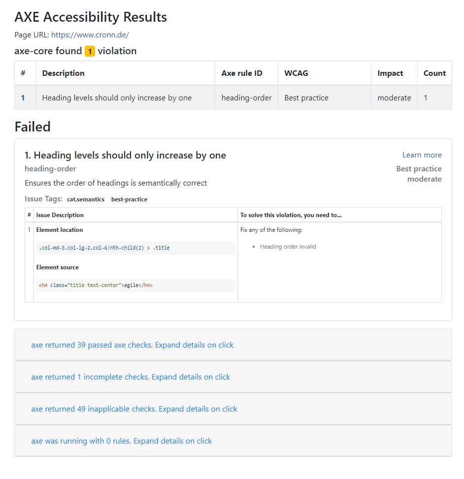 Accessibility test results as HTML-formatted report