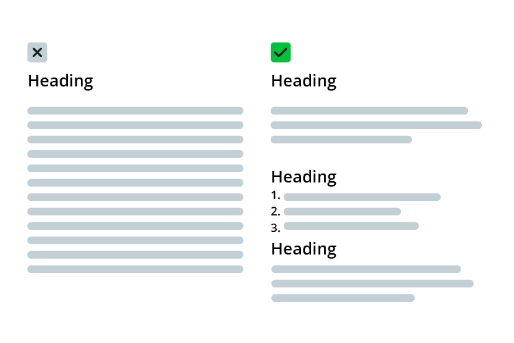 A text without structure compared to a text with titles, lists.