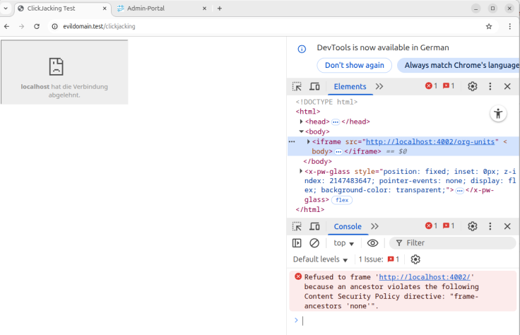 Screenshot des Browsers in dem die bösartige Clickjacking-Domain geöffnet ist. Das Dev-Tool ist geöffnet und zeigt folgende Fehlermeldung: „Refused to frame „http://localhost:4002/“ because an ancestor violates the following Content Security Policy directive: „frame-ancestors „none““. (Backticks und Code-Anführungszeichen wurden in diesem Alternativtext aus technischen Gründen durch deutsche Anführungszeichen ersetzt, um der HTML-Syntax im CMS genüge zu tun.)