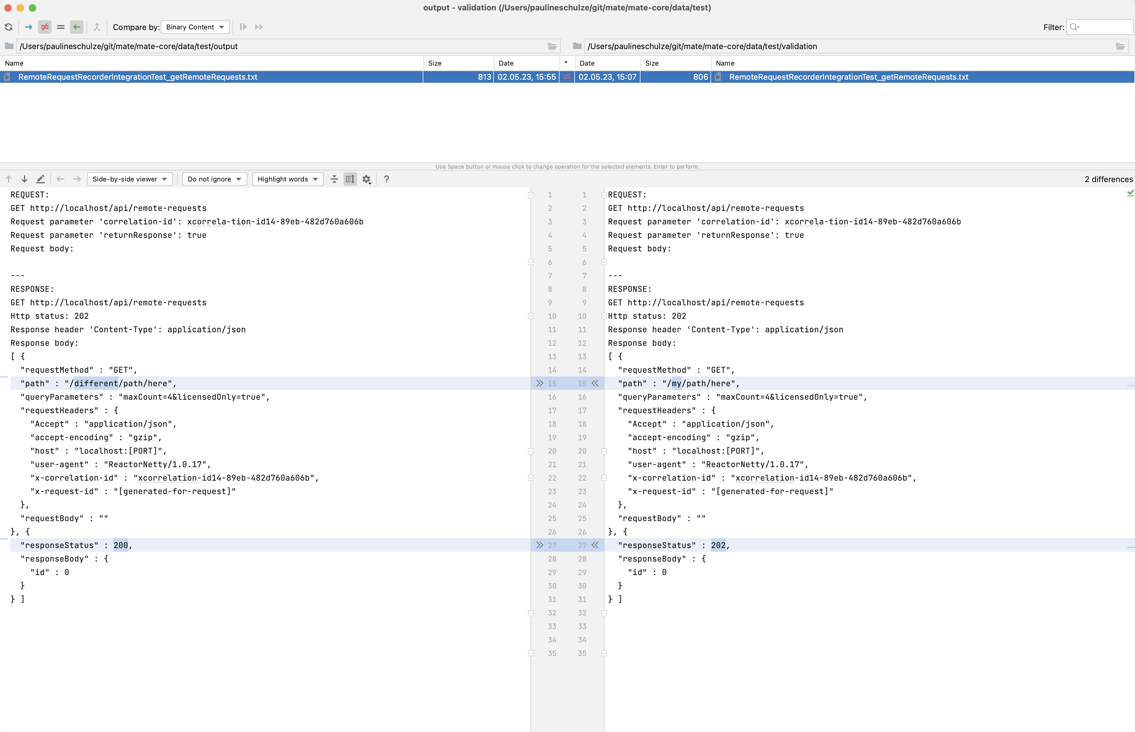 comparison of a failed validation file